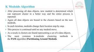 K Medoids Algorithm
 After processing all data objects, new medoid is determined which
can represent cluster in a better way and the entire process is
repeated.
 Again all data objects are bound to the clusters based on the new
medoids.
 In each iteration, medoids change their location step by step.
 This process is continued until no any medoid move.
 As a result, k clusters are found representing a set of n data objects.
 The most common k-medoids clustering methods is
the PAM algorithm (Partitioning Around Medoids
, Medi-Caps University, Indore
 