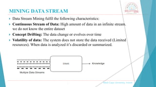 MINING DATA STREAM
 Data Stream Mining fulfil the following characteristics:
 Continuous Stream of Data: High amount of data in an infinite stream.
we do not know the entire dataset
 Concept Drifting: The data change or evolves over time
 Volatility of data: The system does not store the data received (Limited
resources). When data is analyzed it’s discarded or summarized.
, Medi-Caps University, Indore
 