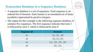 Transaction Database to a Sequence Database
, Medi-Caps University, Indore
 A sequence database is a set of sequences. Each sequence is an
ordered list of itemsets. Each itemset is an unordered set of items
(symbols) represented by positive integers.
 The output for this example is the following sequence database. It
contains five sequences. The first sequence indicates that item 1
is followed by item 3, which is followed by item 4.
Sequence id Itemsets
s1 {1},{3}, {4}
s2 {2},{3},{5}
s3 {1}, {2}, {3}, {5}
s4 {2}, {5},
 