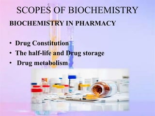 SCOPES OF BIOCHEMISTRY
BIOCHEMISTRY IN PHARMACY
• Drug Constitution
• The half-life and Drug storage
• Drug metabolism
 