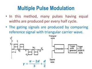 Multiple Pulse Modulation
• In this method, many pulses having equal
widths are produced per every half cycle.
• The gating signals are produced by comparing
reference signal with triangular carrier wave.
𝜸 =
𝝅 − 𝟐𝒅
𝟑
+
𝒅
𝟐
 