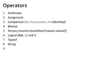 Operators
1. Arithmetic
2. Assignment
3. Comparison (==, !=,<,<=,>,>=, ===(identity))
4. Bitwise
5. Ternary (vname=(condition)?value1:value2))
6. Logical (&&, || and !)
7. Typeof
8. String
9.
 