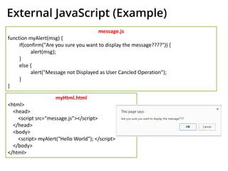External JavaScript (Example)
message.js
function myAlert(msg) {
if(confirm("Are you sure you want to display the message????")) {
alert(msg);
}
else {
alert("Message not Displayed as User Cancled Operation");
}
}
myHtml.html
<html>
<head>
<script src=“message.js”></script>
</head>
<body>
<script> myAlert(“Hello World”); </script>
</body>
</html>
 