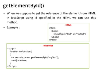 getElementById()
▪ When we suppose to get the reference of the element from HTML
in JavaScript using id specified in the HTML we can use this
method.
▪ Example :
HTML
<html>
<body>
<input type=“text” id=“myText”>
</body>
</html>
JavaScript
<script>
function myFunction()
{
var txt = document.getElementById(“myText”);
alert(txt.value);
}
</script>
 