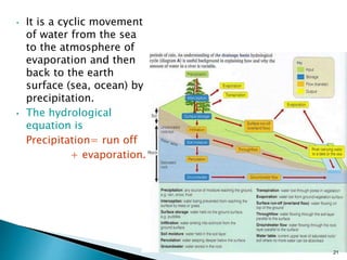 • It is a cyclic movement
of water from the sea
to the atmosphere of
evaporation and then
back to the earth
surface (sea, ocean) by
precipitation.
• The hydrological
equation is
Precipitation= run off
+ evaporation.
21
 