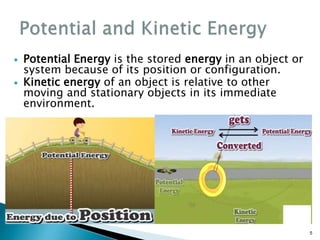 5
 Potential Energy is the stored energy in an object or
system because of its position or configuration.
 Kinetic energy of an object is relative to other
moving and stationary objects in its immediate
environment.
 