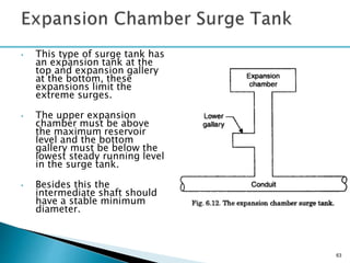 • This type of surge tank has
an expansion tank at the
top and expansion gallery
at the bottom, these
expansions limit the
extreme surges.
• The upper expansion
chamber must be above
the maximum reservoir
level and the bottom
gallery must be below the
lowest steady running level
in the surge tank.
• Besides this the
intermediate shaft should
have a stable minimum
diameter.
63
 
