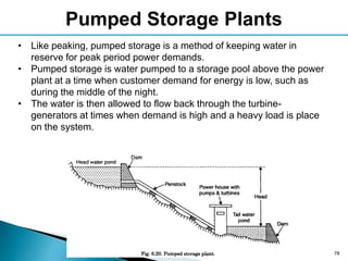 78
• Like peaking, pumped storage is a method of keeping water in
reserve for peak period power demands.
• Pumped storage is water pumped to a storage pool above the power
plant at a time when customer demand for energy is low, such as
during the middle of the night.
• The water is then allowed to flow back through the turbine-
generators at times when demand is high and a heavy load is place
on the system.
Pumped Storage Plants
 