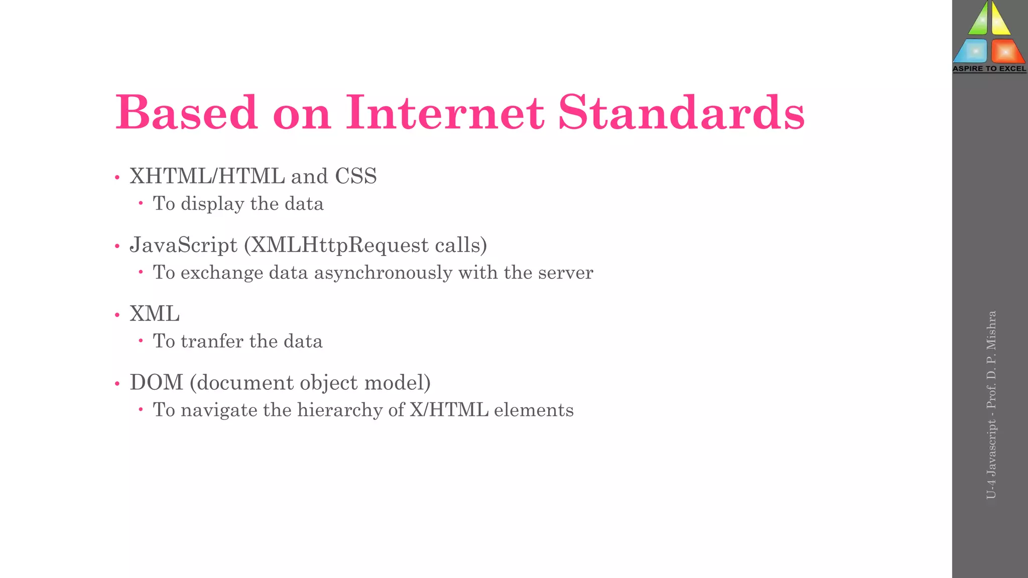Based on Internet Standards
• XHTML/HTML and CSS
 To display the data
• JavaScript (XMLHttpRequest calls)
 To exchange data asynchronously with the server
• XML
 To tranfer the data
• DOM (document object model)
 To navigate the hierarchy of X/HTML elements
U-4
Javascript
-
Prof.
D.
P.
Mishra
 