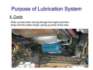 Purpose of Lubrication System
4. Cools
Picks up heat when moving through the engine and then
drops into the cooler oil pan, giving up some of this heat.
 
