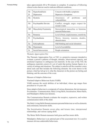 72
Neuropsychology takes approximately 60 to 90 minutes to complete. It comprises of following
clinical scales that are used to indicate different conditions.
Hs Hypochondriasis Concern with bodily symptoms
D Depression Depressive Symptoms
Hy Hysteria Awareness of problems and
vulnerabilities
Pd Psychopathic Deviate Conflict, struggle, anger, respect for
society’s rules
MF Masculinity/Femininity Stereotypical masculine or feminine
interests/behaviours
Pa Paranoia Level of trust, suspiciousness, sensitivity
Pt Psychasthenia Worry, Anxiety, tension, doubts,
obsessiveness
Sc Schizophrenia Odd thinking and social alienation
Ma Hypomania Level of excitability
Si Social Introversion People orientation
Thematic Apperception Test
The Thematic Apperception Test, or TAT, is a projective measure intended to
evaluate a person’s patterns of thought, attitudes, observational capacity, and
emotional responses to ambiguous test materials. In the case of the TAT, the
ambiguous materials consist of a set of cards that portray human figures in a
variety of settings and situations. The subject is asked to tell the examiner a story
about each card that includes the following elements: the event shown in the
picture; what has led up to it; what the characters in the picture are feeling and
thinking; and the outcome of the event.
Measure of Adaptive Behaviour
Vineland Adaptive Behaviour Scale (VABS)
VABS assesses the social abilities of an individual, whose age ranges from
preschool to 18 years old.
Since adaptive behaviour is a composite of various dimensions, the test measures
five domains– Communication, Daily Living Skills, Socialisation, Motor Skills,
and Maladaptive Behaviour domains.
The Communication Domain evaluates the receptive, expressive, and written
communication skills of the child.
The Daily Living Skills Domain measures personal behaviour as well as domestic
and community interaction skills.
The Socialisation Domain covers play and leisure time, interpersonal
relationships, and various coping skills.
The Motor Skills Domain measures both gross and fine motor skills.
Maladaptive Behaviour is an optional part of the assessment test. It is used to
measure obvious undesirable behaviours.
 