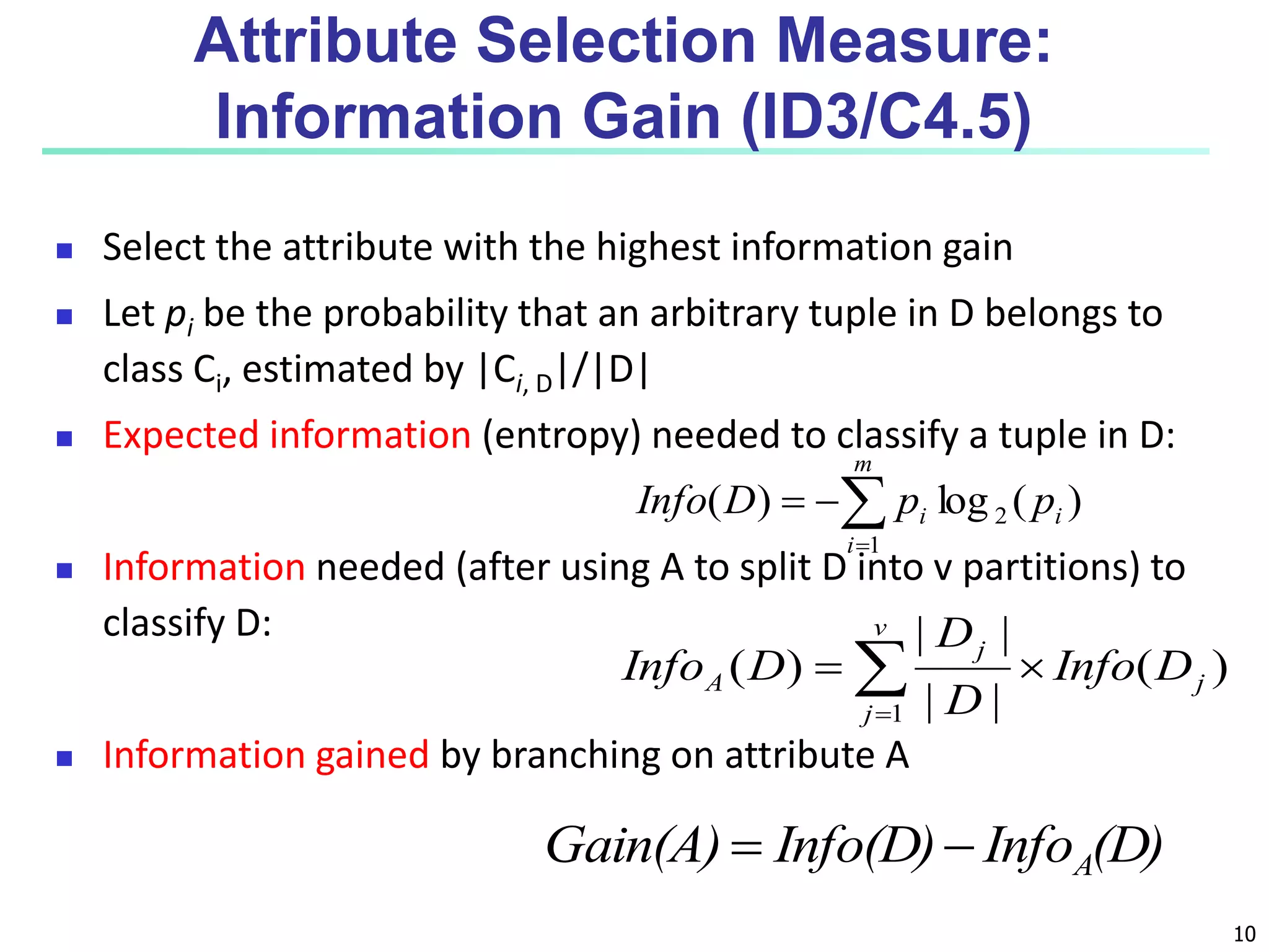 10
Attribute Selection Measure:
Information Gain (ID3/C4.5)
 Select the attribute with the highest information gain
 Let pi be the probability that an arbitrary tuple in D belongs to
class Ci, estimated by |Ci, D|/|D|
 Expected information (entropy) needed to classify a tuple in D:
 Information needed (after using A to split D into v partitions) to
classify D:
 Information gained by branching on attribute A
)
(
log
)
( 2
1
i
m
i
i p
p
D
Info 



)
(
|
|
|
|
)
(
1
j
v
j
j
A D
Info
D
D
D
Info 
 

(D)
Info
Info(D)
Gain(A) A


 