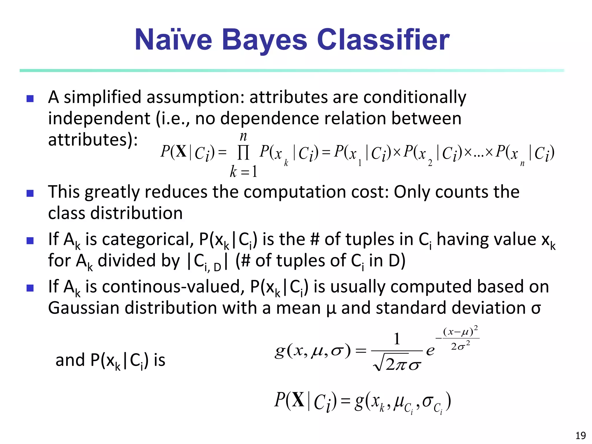 19
Naïve Bayes Classifier
 A simplified assumption: attributes are conditionally
independent (i.e., no dependence relation between
attributes):
 This greatly reduces the computation cost: Only counts the
class distribution
 If Ak is categorical, P(xk|Ci) is the # of tuples in Ci having value xk
for Ak divided by |Ci, D| (# of tuples of Ci in D)
 If Ak is continous-valued, P(xk|Ci) is usually computed based on
Gaussian distribution with a mean μ and standard deviation σ
and P(xk|Ci) is
)
|
(
...
)
|
(
)
|
(
1
)
|
(
)
|
(
2
1
Ci
x
P
Ci
x
P
Ci
x
P
n
k
Ci
x
P
Ci
P
n
k







X
2
2
2
)
(
2
1
)
,
,
( 








x
e
x
g
)
,
,
(
)
|
( i
i C
C
k
x
g
Ci
P 


X
 