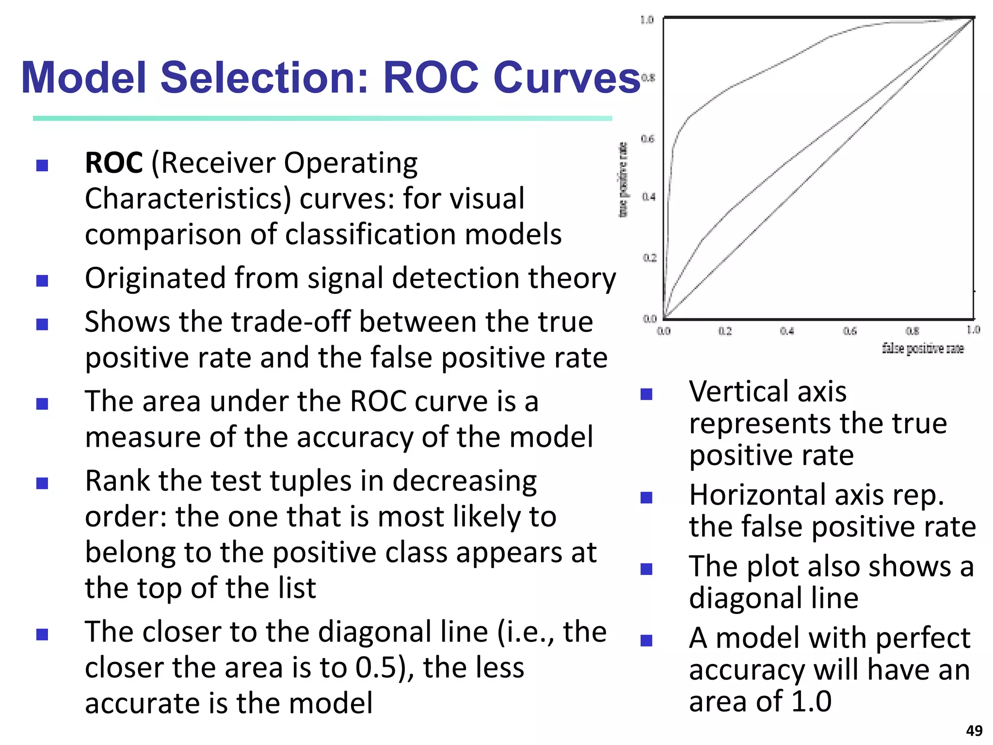 Model Selection: ROC Curves
 ROC (Receiver Operating
Characteristics) curves: for visual
comparison of classification models
 Originated from signal detection theory
 Shows the trade-off between the true
positive rate and the false positive rate
 The area under the ROC curve is a
measure of the accuracy of the model
 Rank the test tuples in decreasing
order: the one that is most likely to
belong to the positive class appears at
the top of the list
 The closer to the diagonal line (i.e., the
closer the area is to 0.5), the less
accurate is the model
 Vertical axis
represents the true
positive rate
 Horizontal axis rep.
the false positive rate
 The plot also shows a
diagonal line
 A model with perfect
accuracy will have an
area of 1.0
49
 