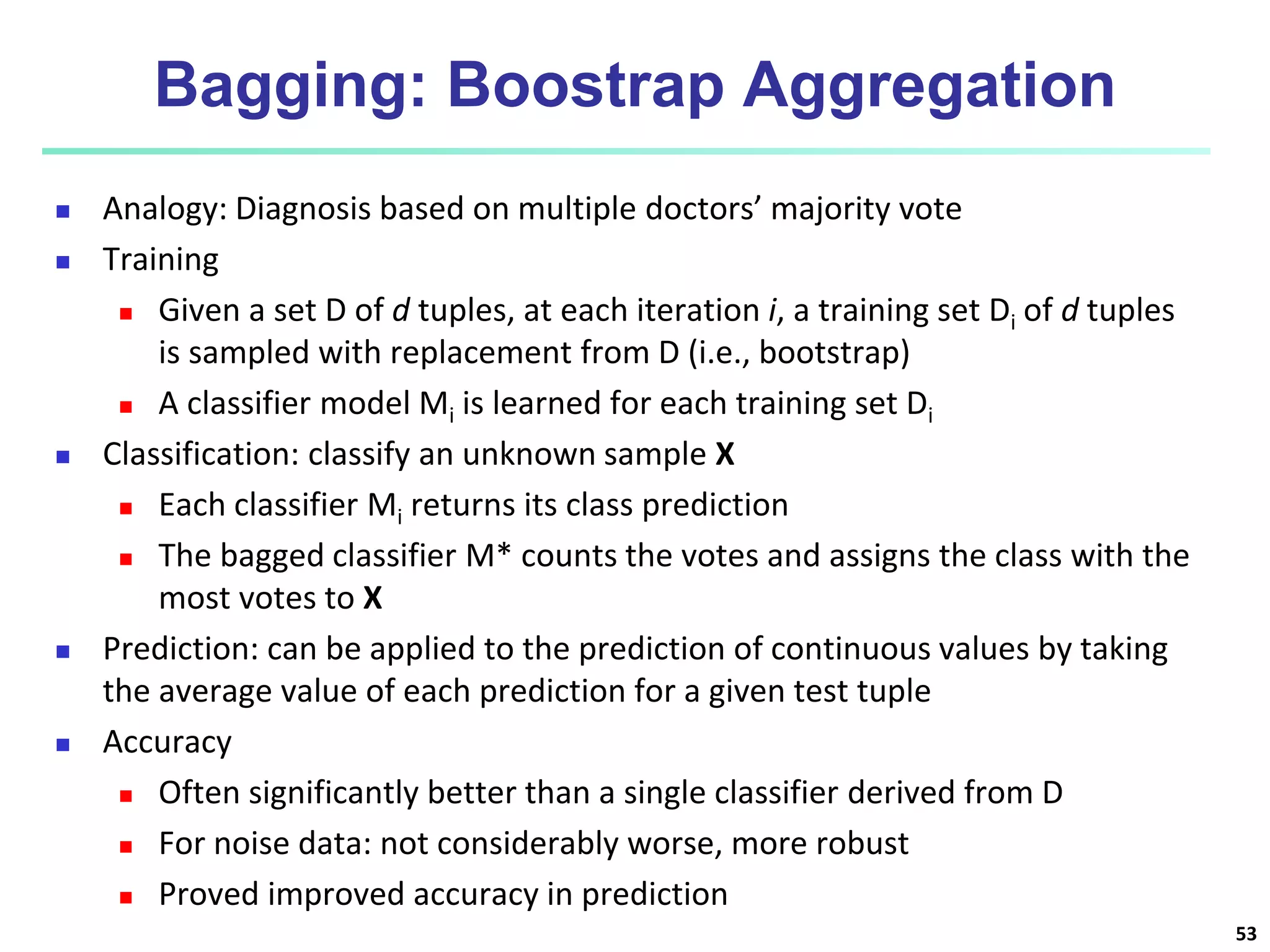 Bagging: Boostrap Aggregation
 Analogy: Diagnosis based on multiple doctors’ majority vote
 Training
 Given a set D of d tuples, at each iteration i, a training set Di of d tuples
is sampled with replacement from D (i.e., bootstrap)
 A classifier model Mi is learned for each training set Di
 Classification: classify an unknown sample X
 Each classifier Mi returns its class prediction
 The bagged classifier M* counts the votes and assigns the class with the
most votes to X
 Prediction: can be applied to the prediction of continuous values by taking
the average value of each prediction for a given test tuple
 Accuracy
 Often significantly better than a single classifier derived from D
 For noise data: not considerably worse, more robust
 Proved improved accuracy in prediction
53
 