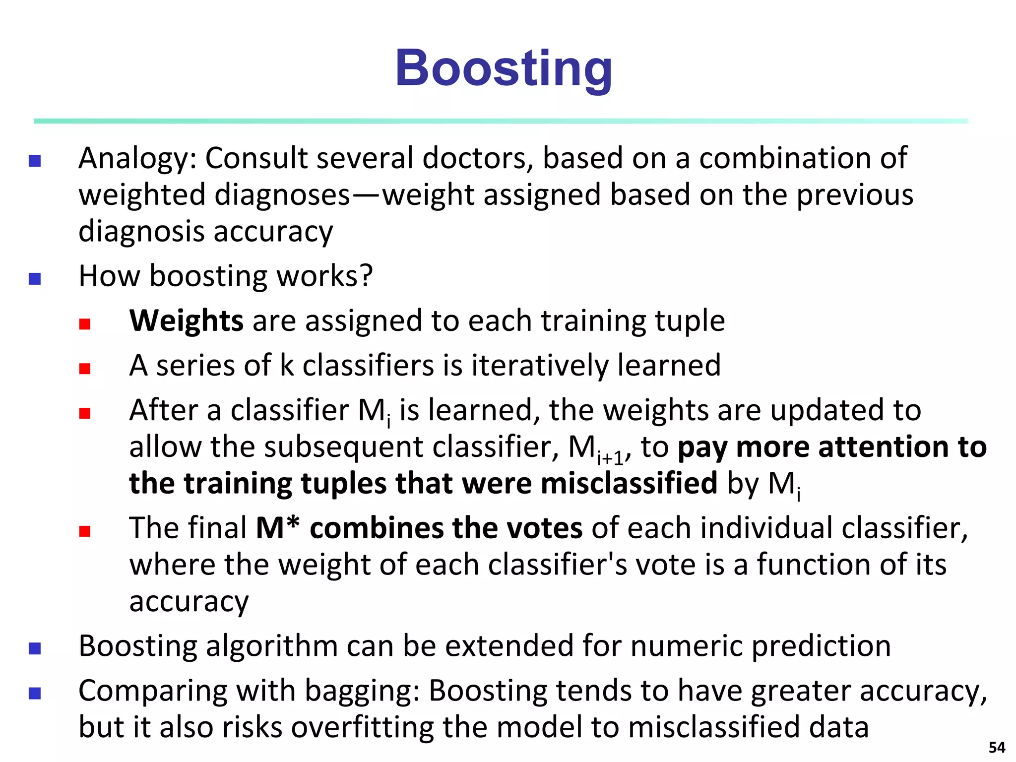 Boosting
 Analogy: Consult several doctors, based on a combination of
weighted diagnoses—weight assigned based on the previous
diagnosis accuracy
 How boosting works?
 Weights are assigned to each training tuple
 A series of k classifiers is iteratively learned
 After a classifier Mi is learned, the weights are updated to
allow the subsequent classifier, Mi+1, to pay more attention to
the training tuples that were misclassified by Mi
 The final M* combines the votes of each individual classifier,
where the weight of each classifier's vote is a function of its
accuracy
 Boosting algorithm can be extended for numeric prediction
 Comparing with bagging: Boosting tends to have greater accuracy,
but it also risks overfitting the model to misclassified data 54
 