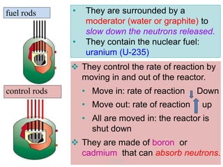 turbine steam (low
pressure)
steam coolant in
generator steam condenser
fuel rods • They are surrounded by a
moderator (water or graphite) to
slow down the neutrons released.
• They contain the nuclear fuel:
uranium (U-235)
control rods
 They control the rate of reaction by
moving in and out of the reactor.
• Move in: rate of reaction Down
• Move out: rate of reaction up
• All are moved in: the reactor is
shut down
 They are made of boron or
cadmium that can absorb neutrons.
pump
 