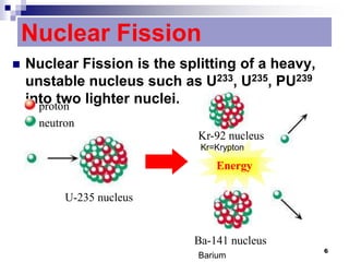 Nuclear Fission
 Nuclear Fission is the splitting of a heavy,
unstable nucleus such as U233, U235, PU239
into two lighter nuclei.
6
proton
neutron
Kr=Krypton
Energy
U-235 nucleus
Kr-92 nucleus
Ba-141 nucleus
Barium
 