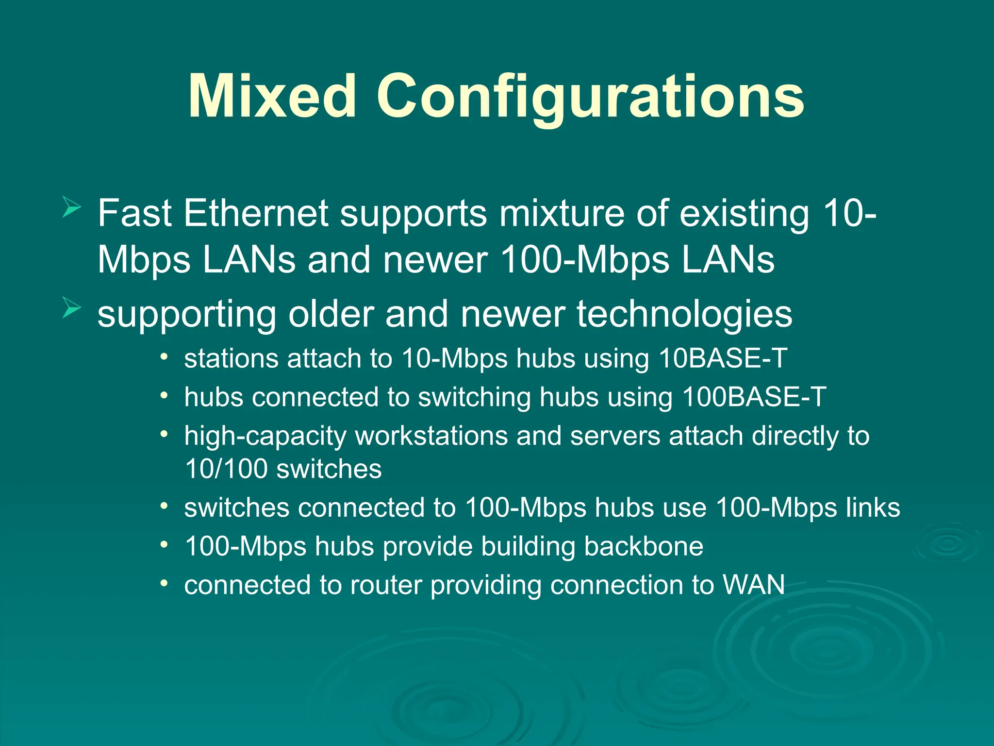 Mixed Configurations
 Fast Ethernet supports mixture of existing 10-
Mbps LANs and newer 100-Mbps LANs
 supporting older and newer technologies
• stations attach to 10-Mbps hubs using 10BASE-T
• hubs connected to switching hubs using 100BASE-T
• high-capacity workstations and servers attach directly to
10/100 switches
• switches connected to 100-Mbps hubs use 100-Mbps links
• 100-Mbps hubs provide building backbone
• connected to router providing connection to WAN
 