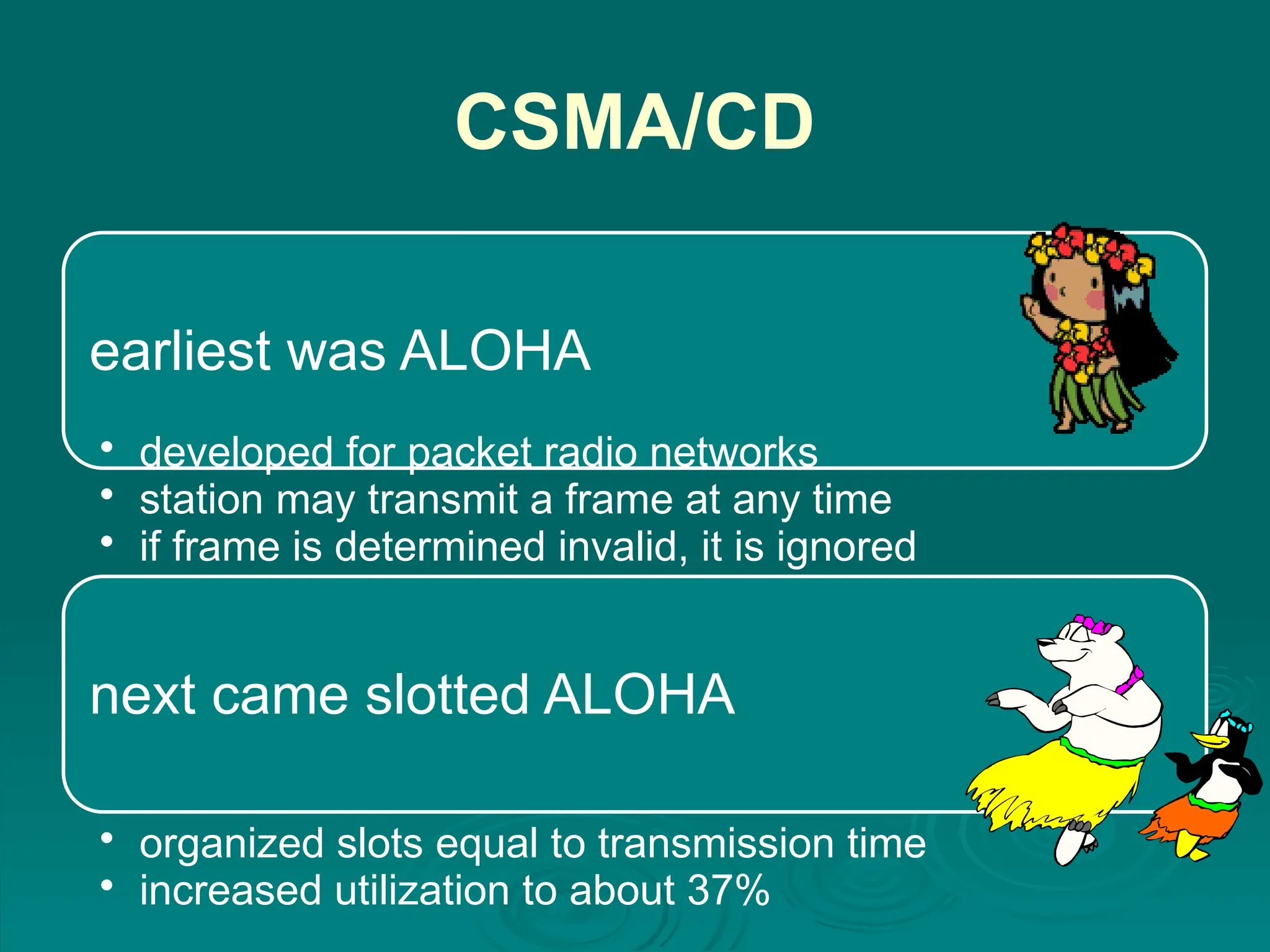 CSMA/CD
earliest was ALOHA
• developed for packet radio networks
• station may transmit a frame at any time
• if frame is determined invalid, it is ignored
• maximum utilization of channel about 18%
next came slotted ALOHA
• organized slots equal to transmission time
• increased utilization to about 37%
 