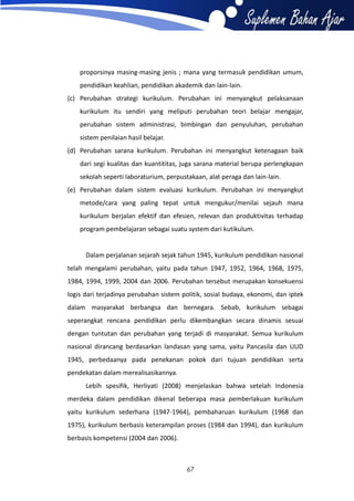 proporsinya masing-masing jenis ; mana yang termasuk pendidikan umum,
pendidikan keahlian, pendidikan akademik dan lain-lain.
(c) Perubahan strategi kurikulum. Perubahan ini menyangkut pelaksanaan
kurikulum itu sendiri yang meliputi perubahan teori belajar mengajar,
perubahan sistem administrasi, bimbingan dan penyuluhan, perubahan
sistem penilaian hasil belajar.
(d) Perubahan sarana kurikulum. Perubahan ini menyangkut ketenagaan baik
dari segi kualitas dan kuantititas, juga sarana material berupa perlengkapan
sekolah seperti laboraturium, perpustakaan, alat peraga dan lain-lain.
(e) Perubahan dalam sistem evaluasi kurikulum. Perubahan ini menyangkut
metode/cara yang paling tepat untuk mengukur/menilai sejauh mana
kurikulum berjalan efektif dan efesien, relevan dan produktivitas terhadap
program pembelajaran sebagai suatu system dari kutikulum.

Dalam perjalanan sejarah sejak tahun 1945, kurikulum pendidikan nasional
telah mengalami perubahan, yaitu pada tahun 1947, 1952, 1964, 1968, 1975,
1984, 1994, 1999, 2004 dan 2006. Perubahan tersebut merupakan konsekuensi
logis dari terjadinya perubahan sistem politik, sosial budaya, ekonomi, dan iptek
dalam masyarakat berbangsa dan bernegara. Sebab, kurikulum sebagai
seperangkat rencana pendidikan perlu dikembangkan secara dinamis sesuai
dengan tuntutan dan perubahan yang terjadi di masyarakat. Semua kurikulum
nasional dirancang berdasarkan landasan yang sama, yaitu Pancasila dan UUD
1945, perbedaanya pada penekanan pokok dari tujuan pendidikan serta
pendekatan dalam merealisasikannya.
Lebih spesifik, Herliyati (2008) menjelaskan bahwa setelah Indonesia
merdeka dalam pendidikan dikenal beberapa masa pemberlakuan kurikulum
yaitu kurikulum sederhana (1947-1964), pembaharuan kurikulum (1968 dan
1975), kurikulum berbasis keterampilan proses (1984 dan 1994), dan kurikulum
berbasis kompetensi (2004 dan 2006).

67

 