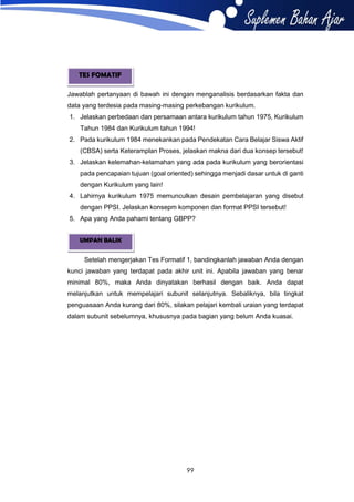 TES FOMATIF
Jawablah pertanyaan di bawah ini dengan menganalisis berdasarkan fakta dan
data yang terdesia pada masing-masing perkebangan kurikulum.
1. Jelaskan perbedaan dan persamaan antara kurikulum tahun 1975, Kurikulum
Tahun 1984 dan Kurikulum tahun 1994!
2. Pada kurikulum 1984 menekankan pada Pendekatan Cara Belajar Siswa Aktif
(CBSA) serta Keteramplan Proses, jelaskan makna dari dua konsep tersebut!
3. Jelaskan kelemahan-kelamahan yang ada pada kurikulum yang berorientasi
pada pencapaian tujuan (goal oriented) sehingga menjadi dasar untuk di ganti
dengan Kurikulum yang lain!
4. Lahirnya kurikulum 1975 memunculkan desain pembelajaran yang disebut
dengan PPSI. Jelaskan konsepm komponen dan format PPSI tersebut!
5. Apa yang Anda pahami tentang GBPP?
UMPAN BALIK

Setelah mengerjakan Tes Formatif 1, bandingkanlah jawaban Anda dengan
kunci jawaban yang terdapat pada akhir unit ini. Apabila jawaban yang benar
minimal 80%, maka Anda dinyatakan berhasil dengan baik. Anda dapat
melanjutkan untuk mempelajari subunit selanjutnya. Sebaliknya, bila tingkat
penguasaan Anda kurang dari 80%, silakan pelajari kembali uraian yang terdapat
dalam subunit sebelumnya, khususnya pada bagian yang belum Anda kuasai.

99

 
