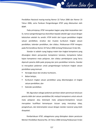 Pendidikan Nasional masing-masing Nomor 22 Tahun 2006 dan Nomor 23
Tahun 2006, serta Panduan Pengembangan KTSP yang dikeluarkan oleh
BSNP.
Pada prinsipnya, KTSP merupakan bagian yang tidak terpisahkan dari
SI, namun pengembangannya diserahkan kepada sekolah agar sesuai dengan
kebutuhan sekolah itu sendiri. KTSP terdiri dari tujuan pendidikan tingkat
satuan pendidikan, struktur dan muatan kurikulum tingkat satuan
pendidikan, kalender pendidikan, dan silabus. Pelaksanaan KTSP mengacu
pada Permendiknas Nomor 24 Tahun 2006 tentang Pelaksanaan SI dan SKL.
Standar isi adalah ruang lingkup materi dan tingkat kompetensi yang
dituangkan dalam persyaratan kompetensi tamatan, kompetensi bahan
kajian kompetensi mata pelajaran, dan silabus pembelajaran yang harus
dipenuhi peserta didik pada jenjang dan jenis pendidikan tertentu. Standar
isi merupakan pedoman untuk pengembangan kurikulum tingkat satuan
pendidikan yang memuat.


Kerangka dasar dan struktur kurikulum,



Beban belajar,



Kurikulum tingkat satuan pendidikan yang dikembangkan di tingkat
satuan pendidikan, dan



Kalender pendidikan.
SKL digunakan sebagai pedoman penilaian dalam penentuan kelulusan

peserta didik dari satuan pendidikan.SKL meliputi kompetensi untuk seluruh
mata pelajaran atau kelompok mata pelajaran.Kompetensi lulusan
merupakan

kualifikasi

kemampuan

lulusan

yang

mencakup

sikap,

pengetahuan, dan keterampilan sesuai dengan standar nasional yang telah
disepakati.
Pemberlakuan KTSP, sebagaimana yang ditetapkan dalam peraturan
Menteri Pendidikan Nasional No. 24 Tahun 2006 tentang Pelaksanaan SI dan

107

 