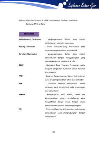 Sudjana, Nana dan Ibrahim, R. 1989. Penelitian dan Penilaian Pendidikan.
Bandung: PT Sinar Baru

GLOSARIUM

Subject Matter Curriculum

:

pengorganisasian

bahan

atau

materi

pembelajaran secara terpisah-pisah
Activity Curriculum

: model kurikulum yang menekankan pada
kegiatan atau pengalaman peserta didik

Correlated Curriculum

:

pengorganisasian

bahan

atau

materi

pembelajaran dengan menggabungkan yang
memiliki kesamaan karekteristik, sifat.
GBPP

: Garis-garis Besar Program Pengajaran, suatu
program pengajaran kurikulum untuk tahunan
atau semester

PPSI

: Program Pengembangan Sistem Instruksional,
suatu program pendidikan tahun atau semester

KBK

:

Kurikulum

Berbasis

Kompetensi,

model

kurikulum yang berorientasi pada kemampuan
atau kompetensi
PAKEM

: Pembelajaran, Aktif, Kreatif, Efektif dan
Menyenangkan,

proses

pembelajaran

yang

mengaktifkan belajar siswa dengan situasi
pemebalajaran kondusif dan menyenangkan.
CTL

: Contextual Teaching and Learning, suatu proses
pembelajaran yang menghubungkan dengan
kondisi aktual.

120

 