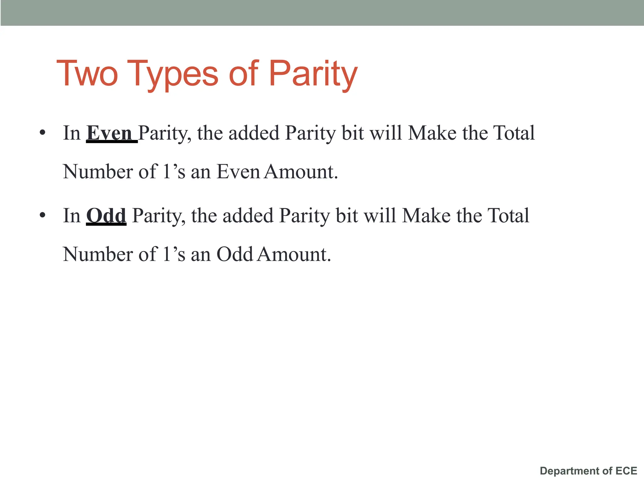 Department of ECE
Two Types of Parity
• In Even Parity, the added Parity bit will Make the Total
Number of 1’s an EvenAmount.
• In Odd Parity, the added Parity bit will Make the Total
Number of 1’s an OddAmount.
 