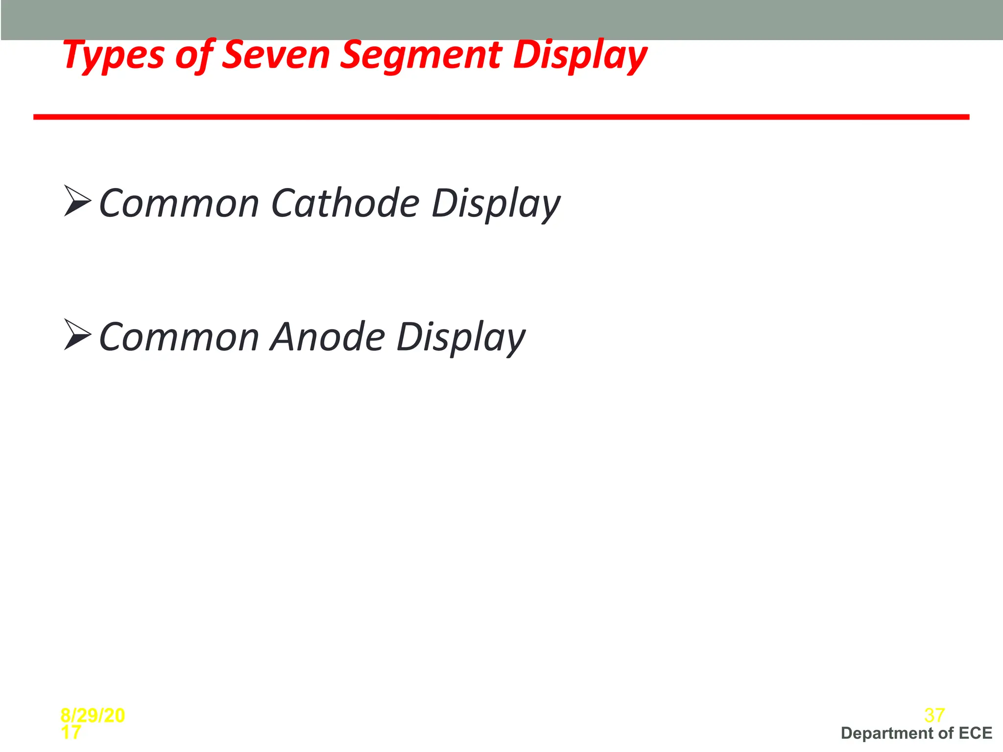 Department of ECE
Types of Seven Segment Display
➢Common Cathode Display
➢Common Anode Display
8/29/20
17
37
 