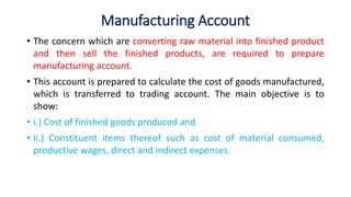 Manufacturing Account
• The concern which are converting raw material into finished product
and then sell the finished products, are required to prepare
manufacturing account.
• This account is prepared to calculate the cost of goods manufactured,
which is transferred to trading account. The main objective is to
show:
• i.) Cost of finished goods produced and
• Ii.) Constituent items thereof such as cost of material consumed,
productive wages, direct and indirect expenses.
 