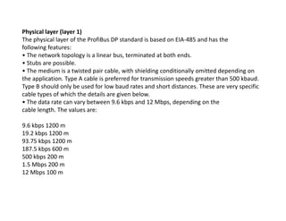 Physical layer (layer 1)
The physical layer of the ProfiBus DP standard is based on EIA-485 and has the
following features:
• The network topology is a linear bus, terminated at both ends.
• Stubs are possible.
• The medium is a twisted pair cable, with shielding conditionally omitted depending on
the application. Type A cable is preferred for transmission speeds greater than 500 kbaud.
Type B should only be used for low baud rates and short distances. These are very specific
cable types of which the details are given below.
• The data rate can vary between 9.6 kbps and 12 Mbps, depending on the
cable length. The values are:cable length. The values are:
9.6 kbps 1200 m
19.2 kbps 1200 m
93.75 kbps 1200 m
187.5 kbps 600 m
500 kbps 200 m
1.5 Mbps 200 m
12 Mbps 100 m
 