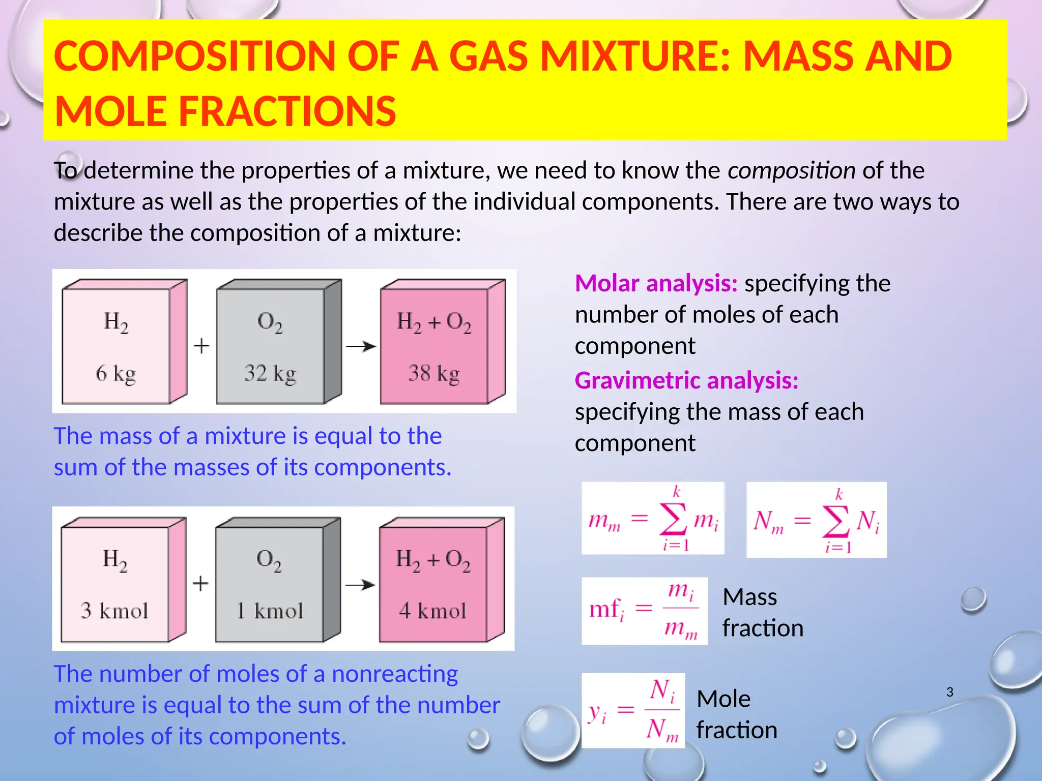 3
COMPOSITION OF A GAS MIXTURE: MASS AND
MOLE FRACTIONS
The mass of a mixture is equal to the
sum of the masses of its components.
The number of moles of a nonreacting
mixture is equal to the sum of the number
of moles of its components.
To determine the properties of a mixture, we need to know the composition of the
mixture as well as the properties of the individual components. There are two ways to
describe the composition of a mixture:
Mass
fraction
Mole
fraction
Molar analysis: specifying the
number of moles of each
component
Gravimetric analysis:
specifying the mass of each
component
 