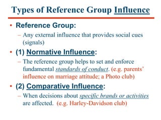 Types of Reference Group Influence
• Reference Group:
– Any external influence that provides social cues
(signals)
• (1) N...