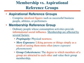Membership vs. Aspirational
Reference Groups
• Aspirational Reference Groups
– Comprise idealized figures such as successf...