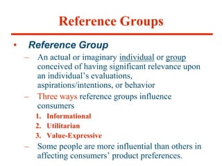 Reference Groups
• Reference Group
– An actual or imaginary individual or group
conceived of having significant relevance ...