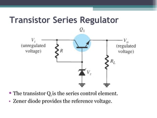 Transistor Series Regulator
• The transistor Q1 is the series control element.
• Zener diode provides the reference voltag...
