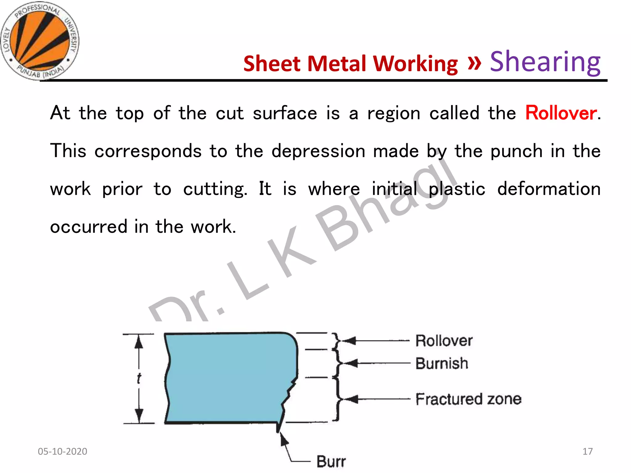 Sheet Metal Working » Shearing
At the top of the cut surface is a region called the Rollover.
This corresponds to the depression made by the punch in the
work prior to cutting. It is where initial plastic deformation
occurred in the work.
05-10-2020
MEC323: PRIMARY MANUFACTURING
(Dr. L K Bhagi)
17
 