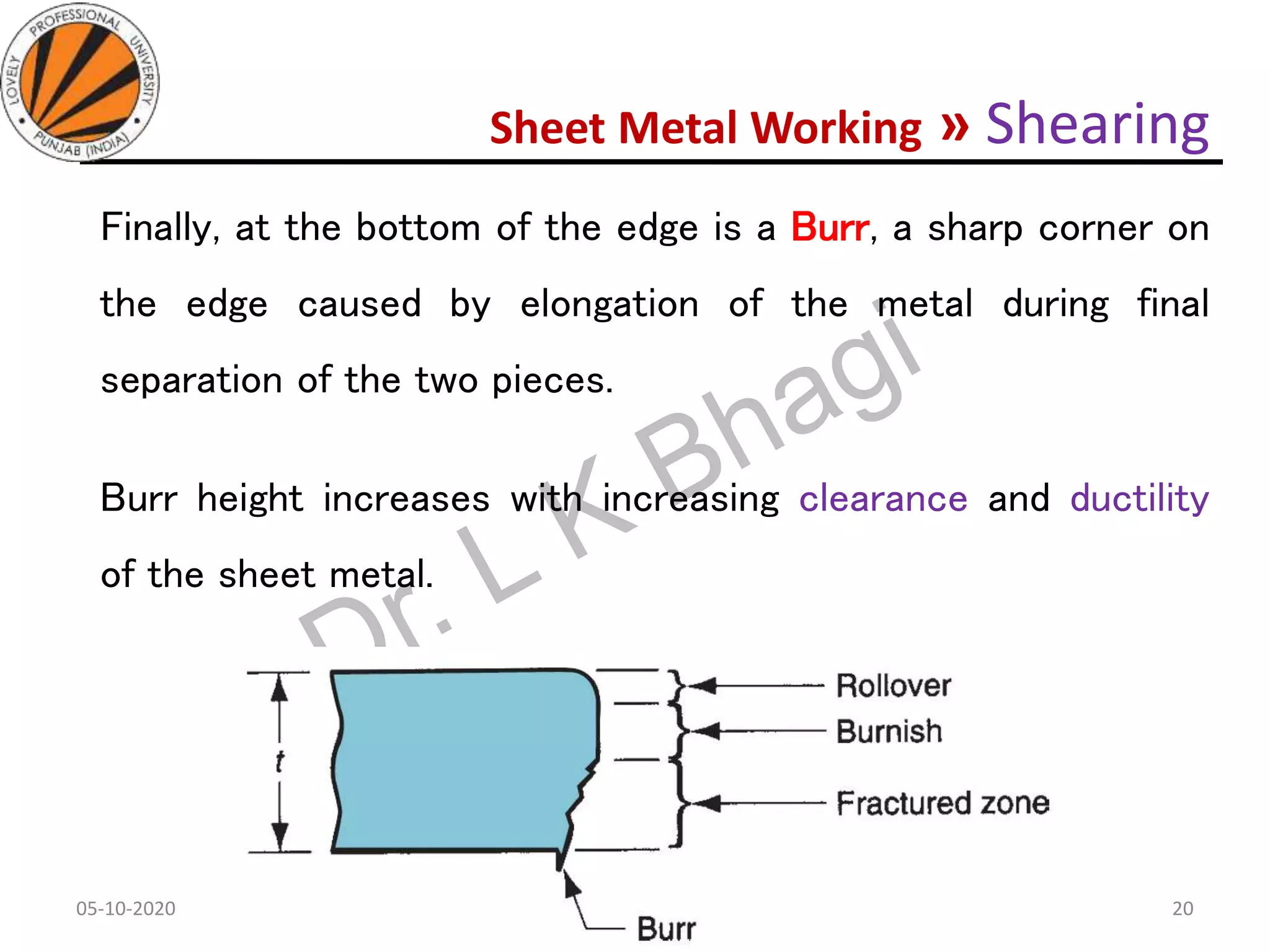 Sheet Metal Working » Shearing
Finally, at the bottom of the edge is a Burr, a sharp corner on
the edge caused by elongation of the metal during final
separation of the two pieces.
Burr height increases with increasing clearance and ductility
of the sheet metal.
05-10-2020
MEC323: PRIMARY MANUFACTURING
(Dr. L K Bhagi)
20
 