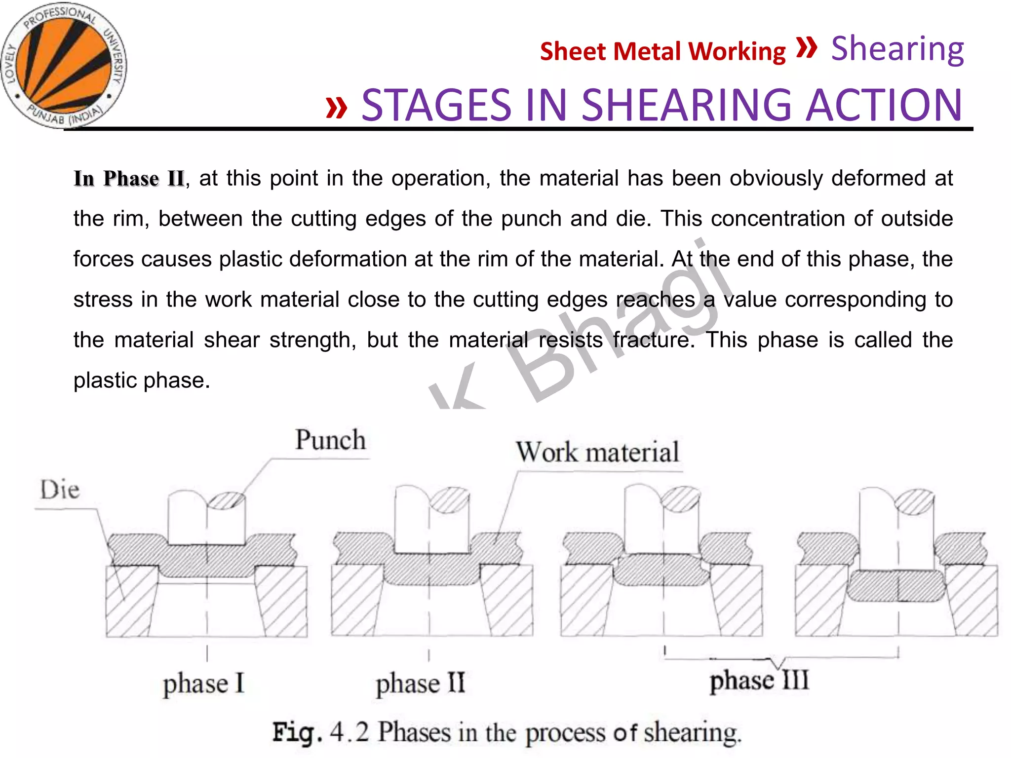 Sheet Metal Working » Shearing
» STAGES IN SHEARING ACTION
05-10-2020
MEC323: PRIMARY MANUFACTURING
(Dr. L K Bhagi)
28
In Phase II, at this point in the operation, the material has been obviously deformed at
the rim, between the cutting edges of the punch and die. This concentration of outside
forces causes plastic deformation at the rim of the material. At the end of this phase, the
stress in the work material close to the cutting edges reaches a value corresponding to
the material shear strength, but the material resists fracture. This phase is called the
plastic phase.
 