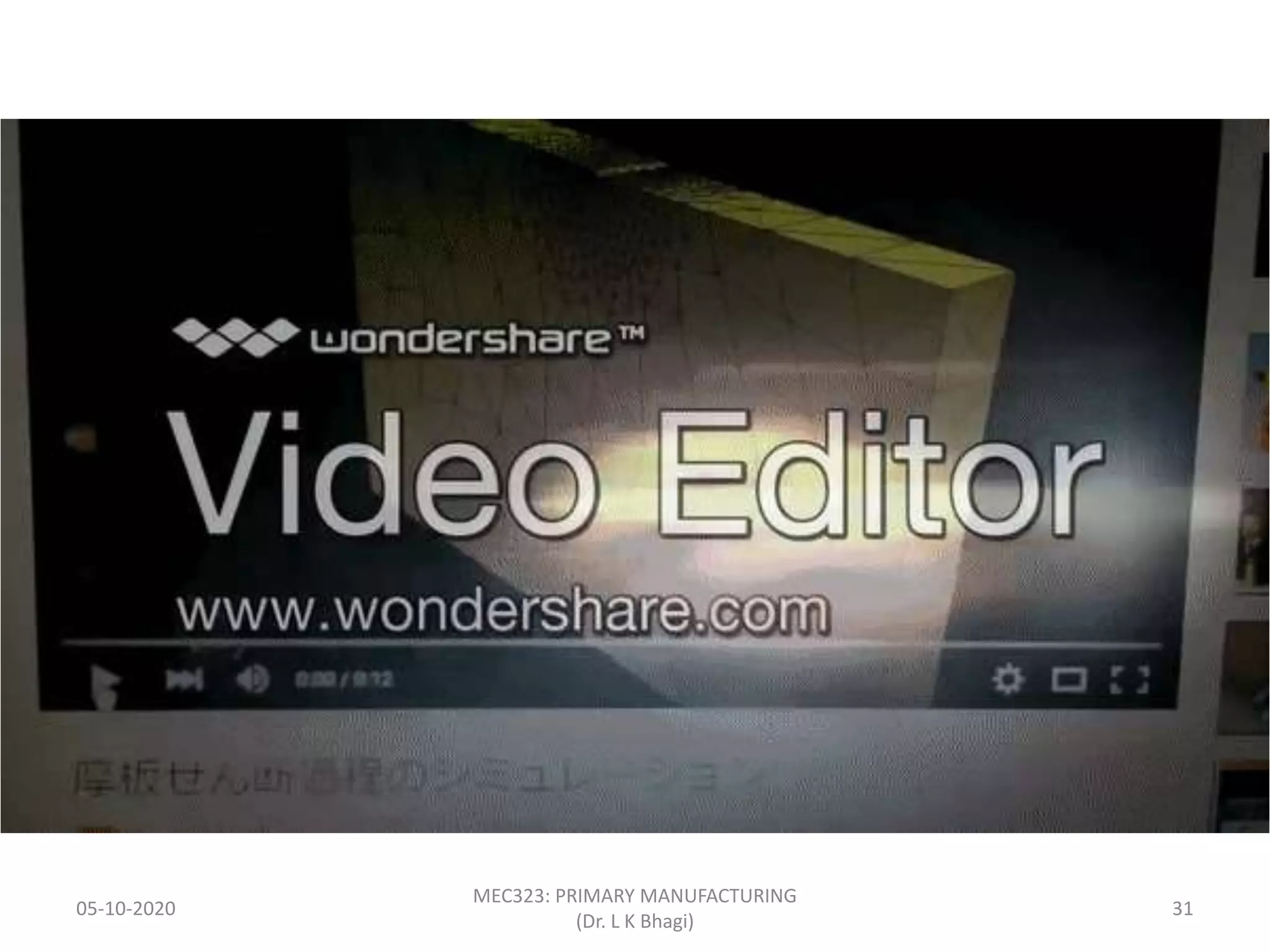 05-10-2020
MEC323: PRIMARY MANUFACTURING
(Dr. L K Bhagi)
31
 