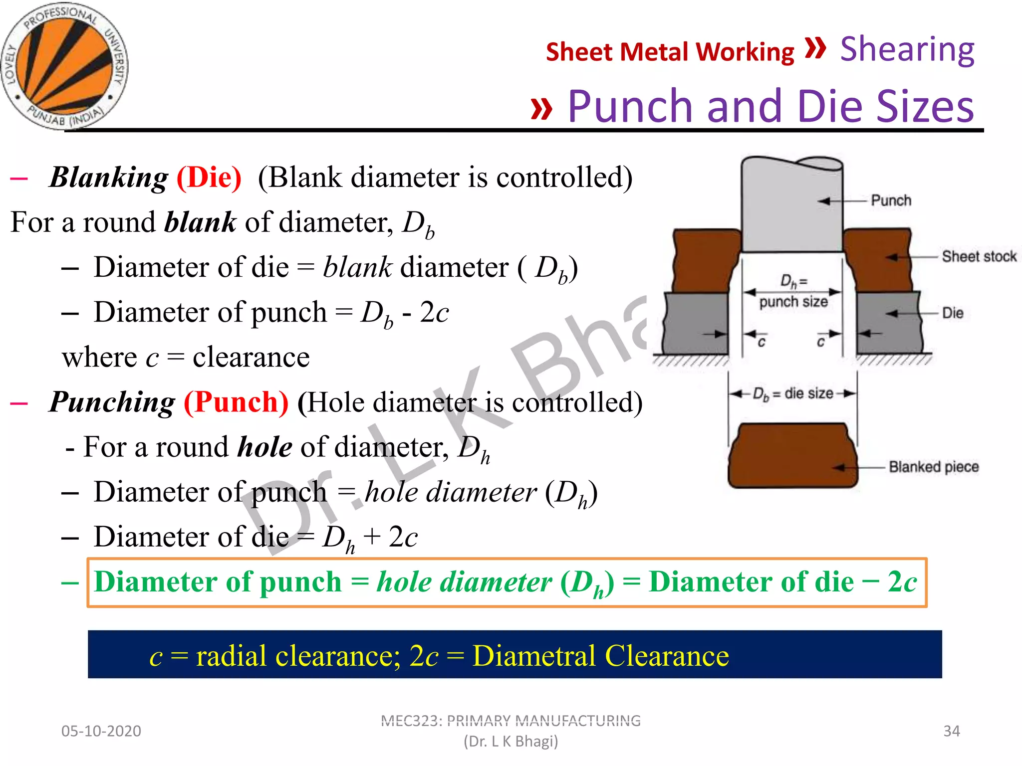 Sheet Metal Working » Shearing
» Punch and Die Sizes
05-10-2020
MEC323: PRIMARY MANUFACTURING
(Dr. L K Bhagi)
34
– Blanking (Die) (Blank diameter is controlled)
For a round blank of diameter, Db
– Diameter of die = blank diameter ( Db)
– Diameter of punch = Db - 2c
where c = clearance
– Punching (Punch) (Hole diameter is controlled)
- For a round hole of diameter, Dh
– Diameter of punch = hole diameter (Dh)
– Diameter of die = Dh + 2c
– Diameter of punch = hole diameter (Dh) = Diameter of die − 2c
c = radial clearance; 2c = Diametral Clearance
 