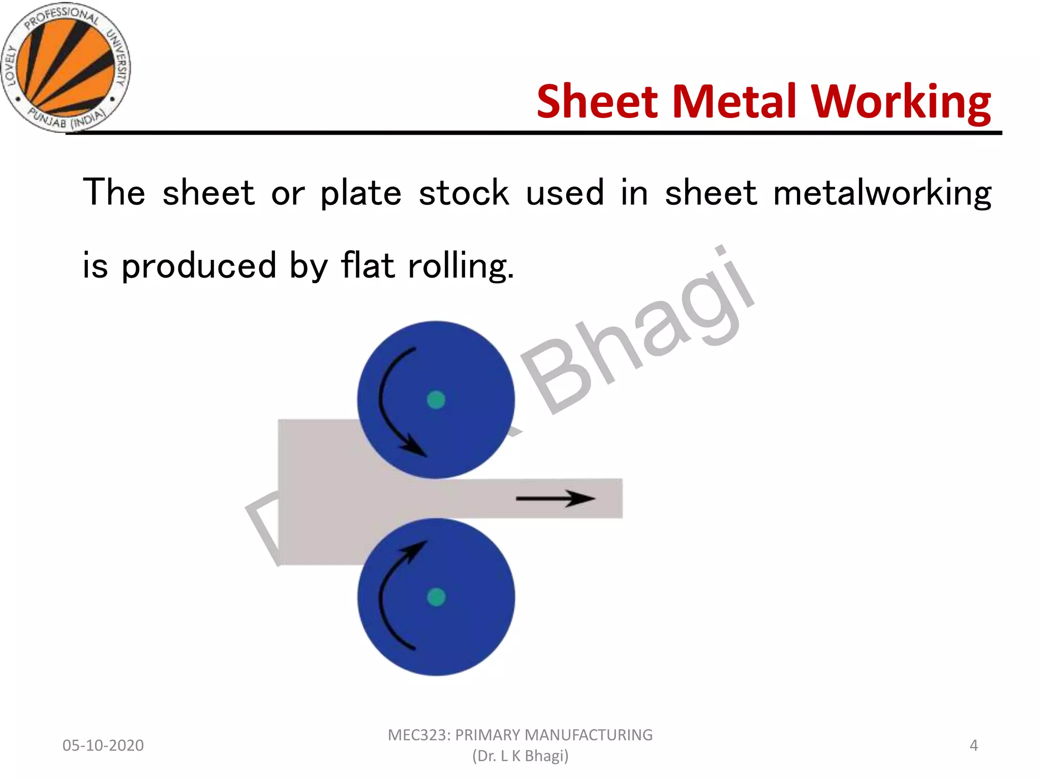Sheet Metal Working
The sheet or plate stock used in sheet metalworking
is produced by flat rolling.
05-10-2020
MEC323: PRIMARY MANUFACTURING
(Dr. L K Bhagi)
4
 