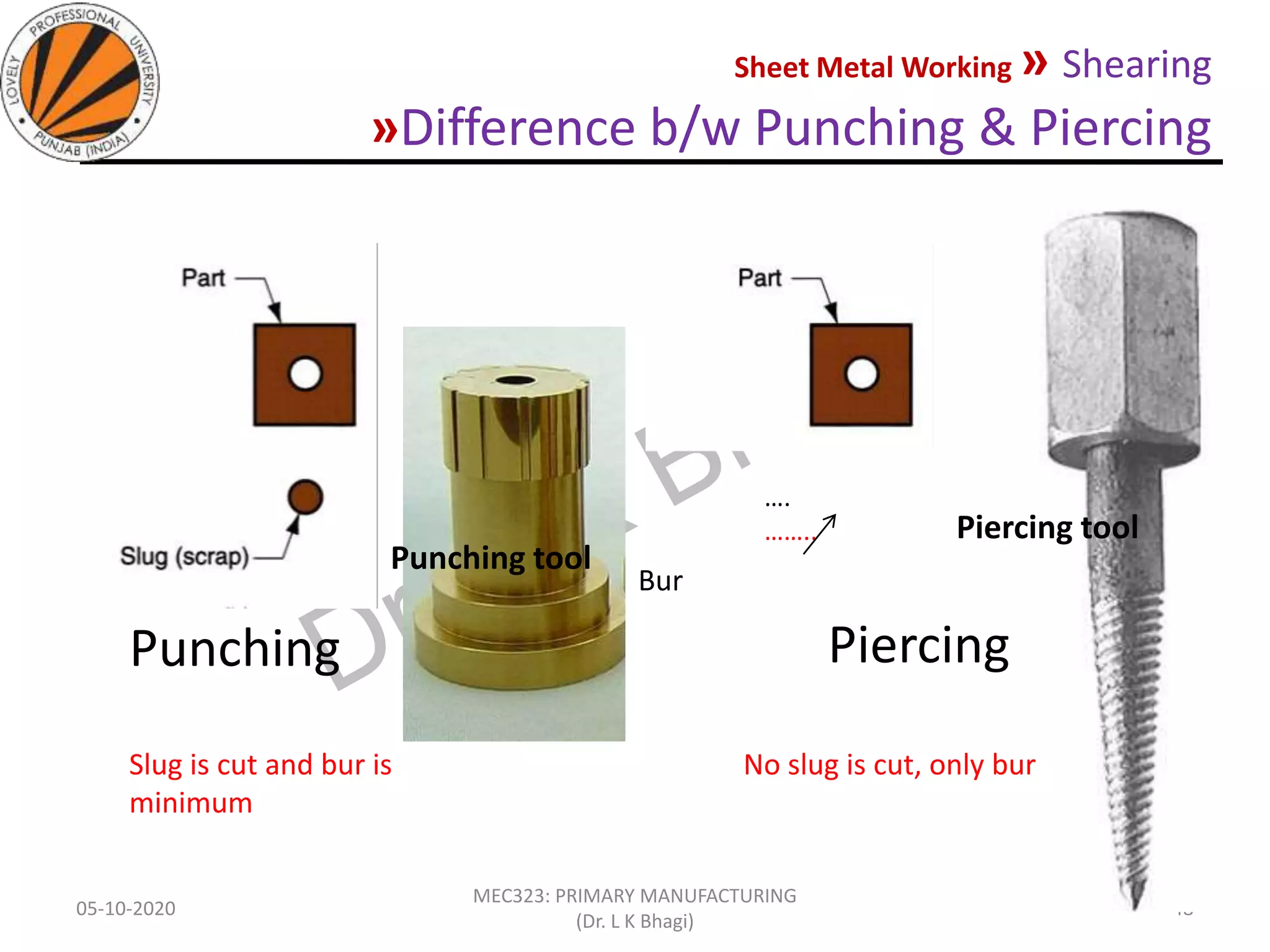 Sheet Metal Working » Shearing
»Difference b/w Punching & Piercing
05-10-2020
MEC323: PRIMARY MANUFACTURING
(Dr. L K Bhagi)
48
PiercingPunching
Bur
….
……..
Punching tool
Piercing tool
Slug is cut and bur is
minimum
No slug is cut, only bur
 