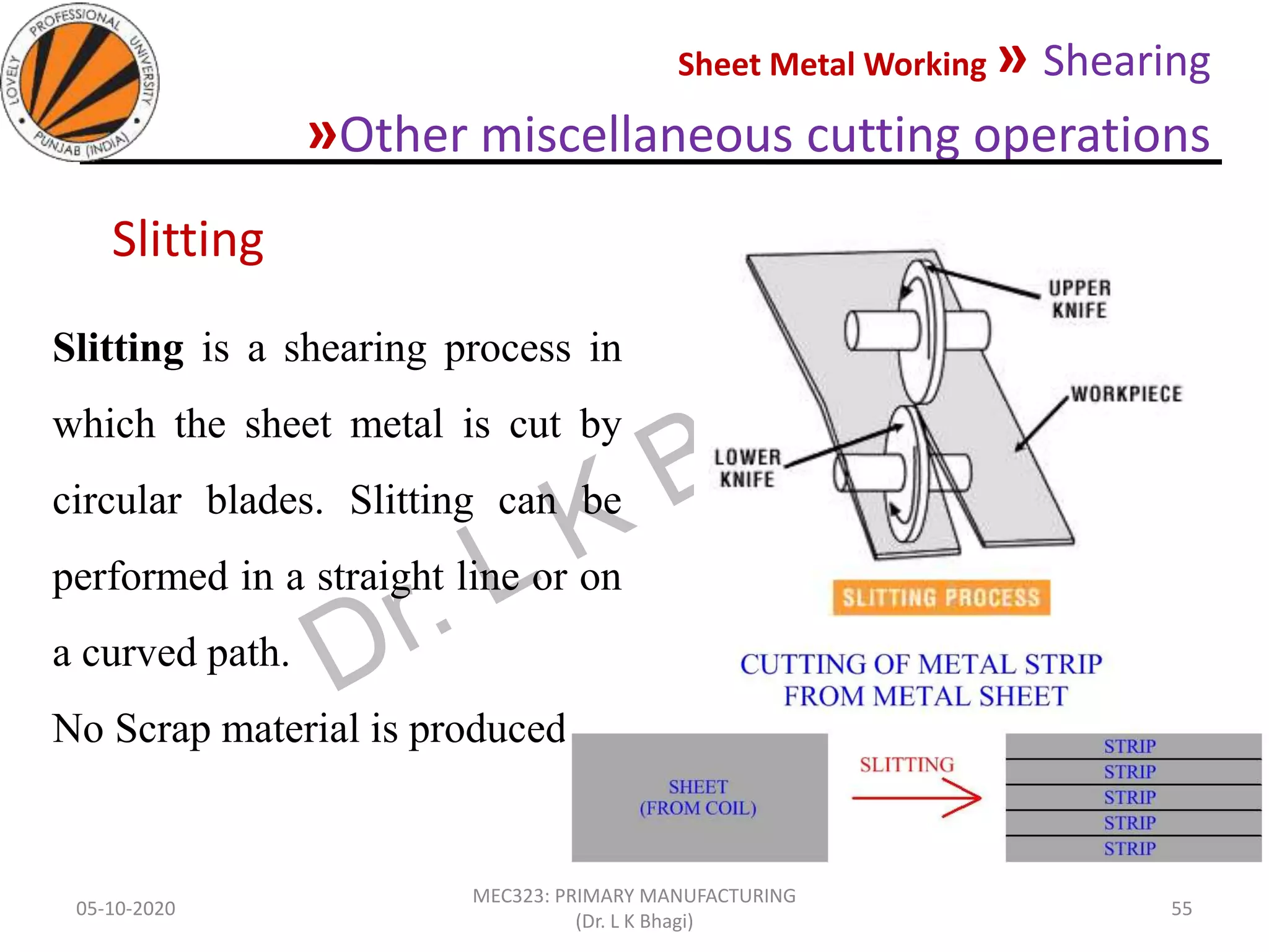 Sheet Metal Working » Shearing
»Other miscellaneous cutting operations
05-10-2020
MEC323: PRIMARY MANUFACTURING
(Dr. L K Bhagi)
55
Slitting is a shearing process in
which the sheet metal is cut by
circular blades. Slitting can be
performed in a straight line or on
a curved path.
No Scrap material is produced.
Slitting
 