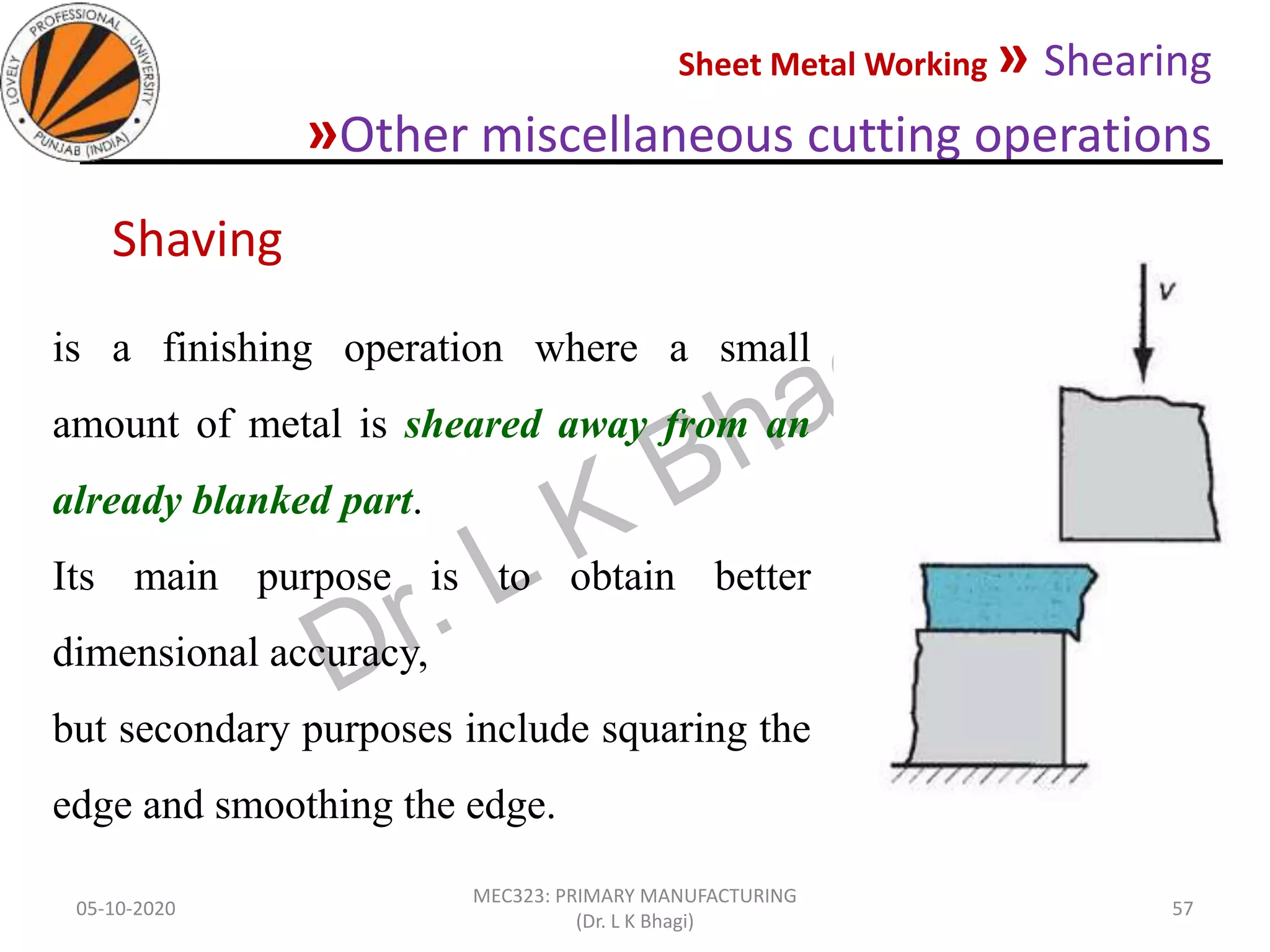 Sheet Metal Working » Shearing
»Other miscellaneous cutting operations
05-10-2020
MEC323: PRIMARY MANUFACTURING
(Dr. L K Bhagi)
57
is a finishing operation where a small
amount of metal is sheared away from an
already blanked part.
Its main purpose is to obtain better
dimensional accuracy,
but secondary purposes include squaring the
edge and smoothing the edge.
Shaving
 