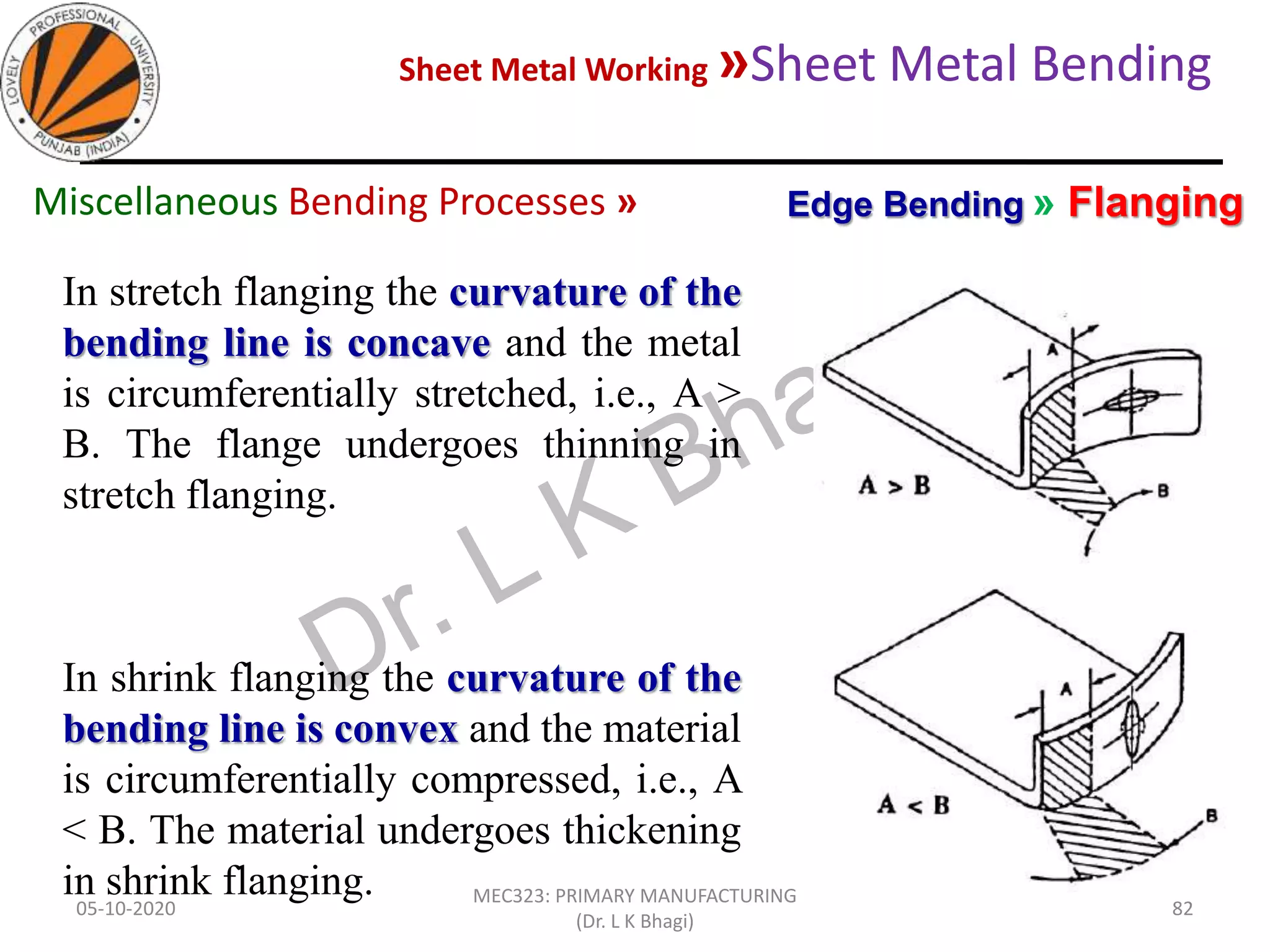 Sheet Metal Working »Sheet Metal Bending
05-10-2020
MEC323: PRIMARY MANUFACTURING
(Dr. L K Bhagi)
82
In stretch flanging the curvature of the
bending line is concave and the metal
is circumferentially stretched, i.e., A >
B. The flange undergoes thinning in
stretch flanging.
In shrink flanging the curvature of the
bending line is convex and the material
is circumferentially compressed, i.e., A
< B. The material undergoes thickening
in shrink flanging.
Edge Bending » FlangingMiscellaneous Bending Processes »
 