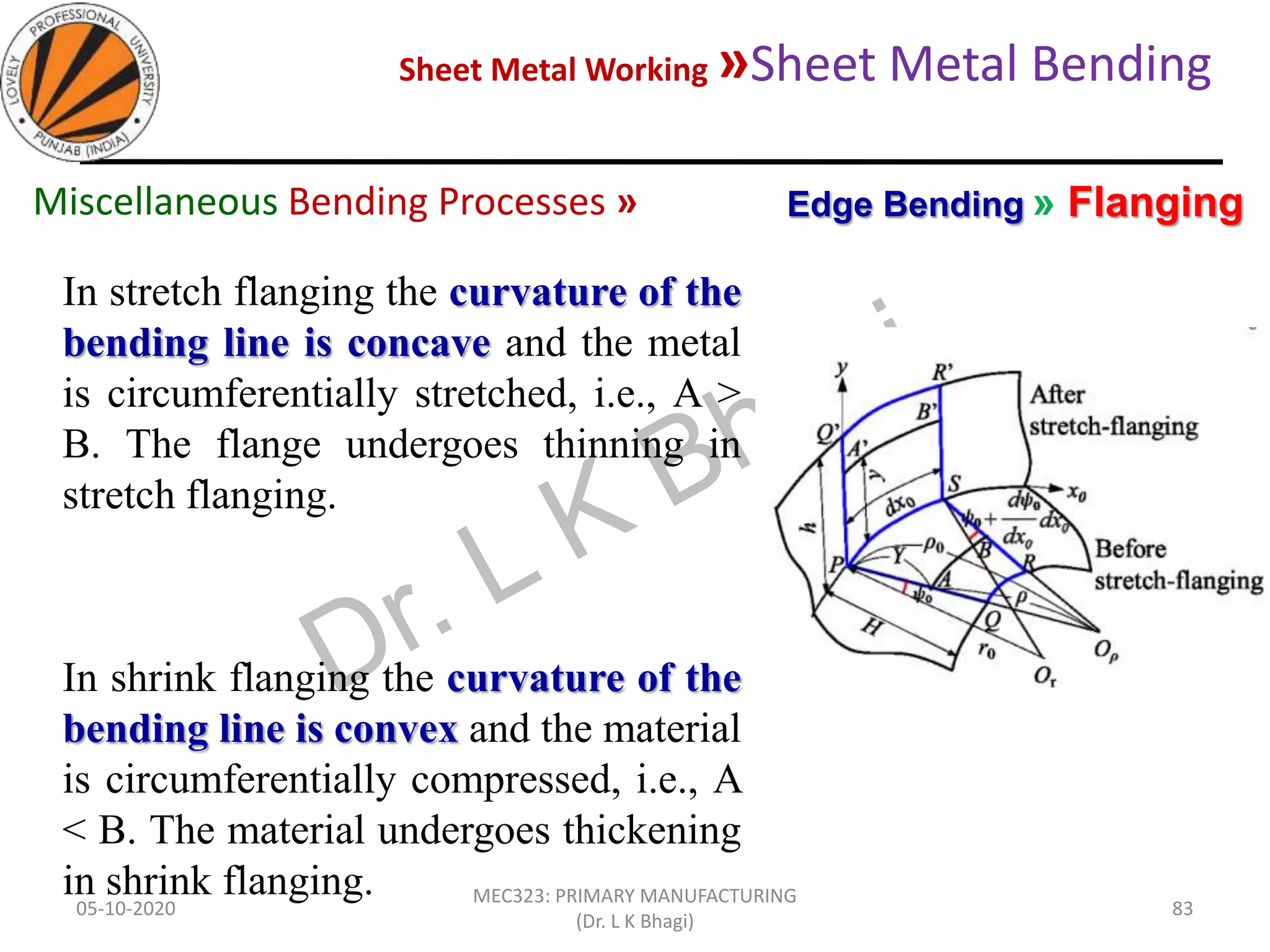 Sheet Metal Working »Sheet Metal Bending
05-10-2020
MEC323: PRIMARY MANUFACTURING
(Dr. L K Bhagi)
83
In stretch flanging the curvature of the
bending line is concave and the metal
is circumferentially stretched, i.e., A >
B. The flange undergoes thinning in
stretch flanging.
In shrink flanging the curvature of the
bending line is convex and the material
is circumferentially compressed, i.e., A
< B. The material undergoes thickening
in shrink flanging.
Edge Bending » FlangingMiscellaneous Bending Processes »
 