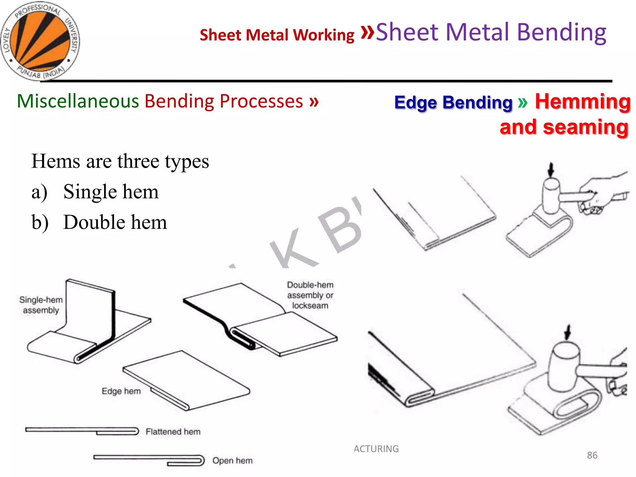 Sheet Metal Working »Sheet Metal Bending
05-10-2020
MEC323: PRIMARY MANUFACTURING
(Dr. L K Bhagi)
86
Hems are three types
a) Single hem
b) Double hem
Edge Bending » Hemming
and seaming
Miscellaneous Bending Processes »
 