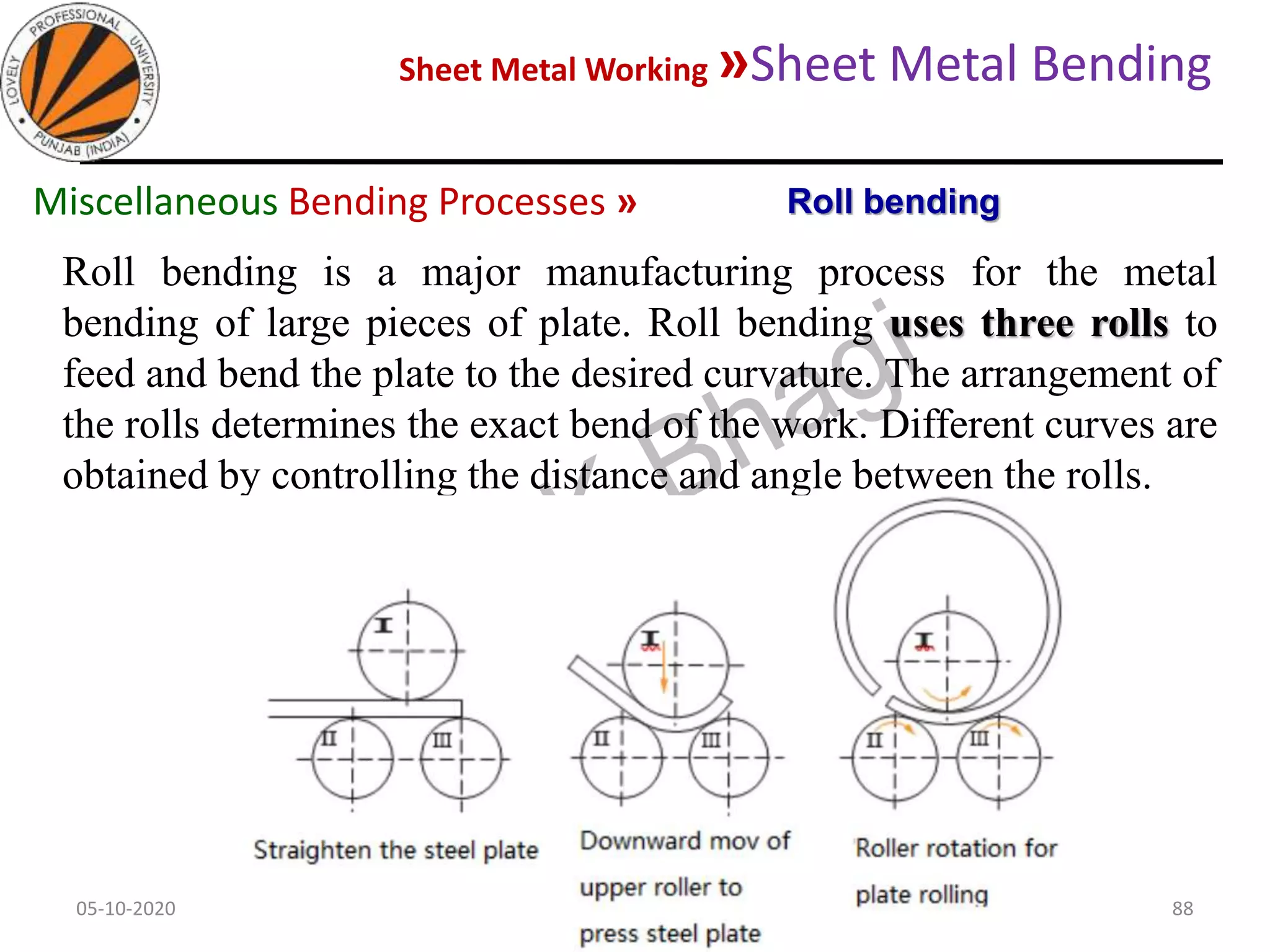 Sheet Metal Working »Sheet Metal Bending
05-10-2020
MEC323: PRIMARY MANUFACTURING
(Dr. L K Bhagi)
88
Roll bending is a major manufacturing process for the metal
bending of large pieces of plate. Roll bending uses three rolls to
feed and bend the plate to the desired curvature. The arrangement of
the rolls determines the exact bend of the work. Different curves are
obtained by controlling the distance and angle between the rolls.
Roll bendingMiscellaneous Bending Processes »
 